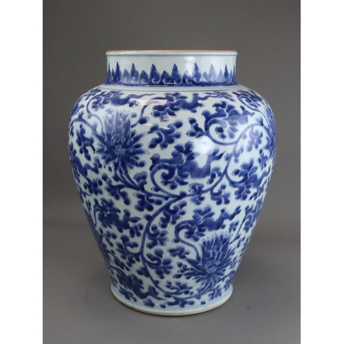 104 - A Blue and White Lotus Scroll Jar, Kangxi, the baluster sides sides well painted in rich soft blue w... 