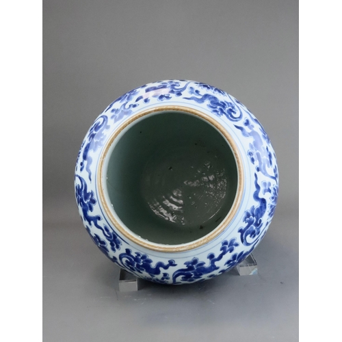 104 - A Blue and White Lotus Scroll Jar, Kangxi, the baluster sides sides well painted in rich soft blue w... 