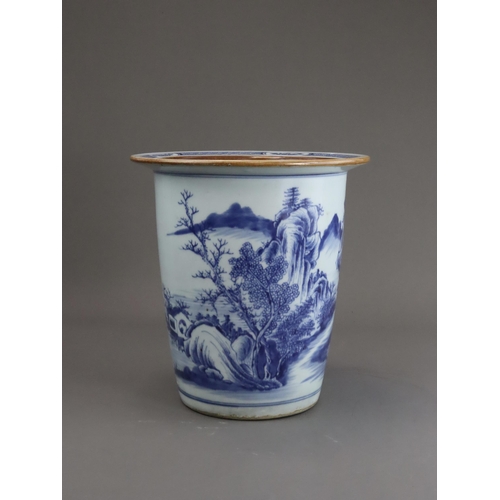 109 - A Blue and White Deep Plant Pot with Landscapes, 18th century, the almost cylindrical sides well pai... 