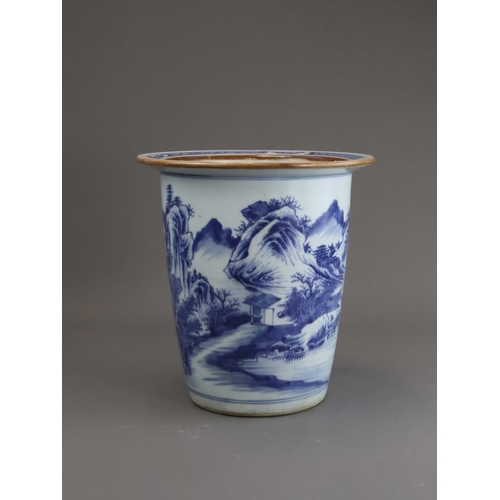 109 - A Blue and White Deep Plant Pot with Landscapes, 18th century, the almost cylindrical sides well pai... 