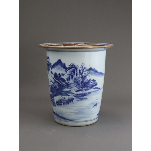 109 - A Blue and White Deep Plant Pot with Landscapes, 18th century, the almost cylindrical sides well pai... 