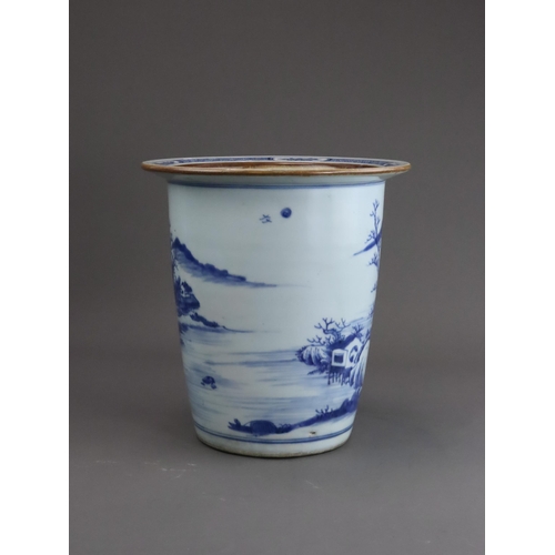 109 - A Blue and White Deep Plant Pot with Landscapes, 18th century, the almost cylindrical sides well pai... 