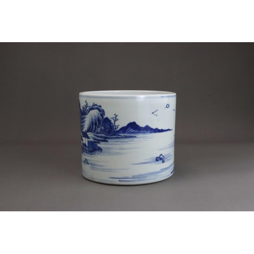 110 - A Blue and White Landscape Brushpot, Kangxi / Yongzheng The cylindrical sides well painted with an e... 