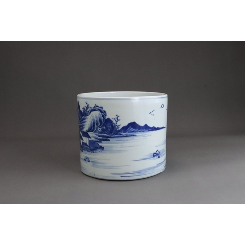 110 - A Blue and White Landscape Brushpot, Kangxi / Yongzheng The cylindrical sides well painted with an e... 