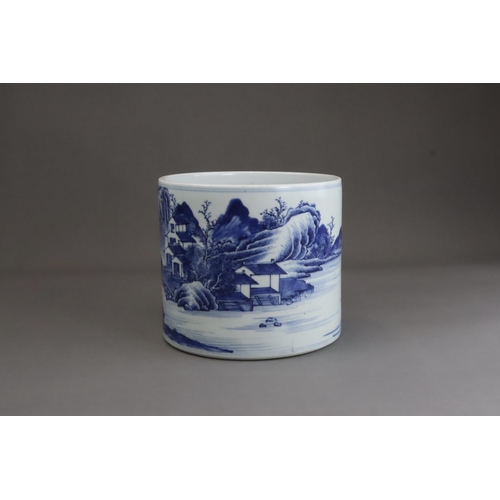 110 - A Blue and White Landscape Brushpot, Kangxi / Yongzheng The cylindrical sides well painted with an e... 