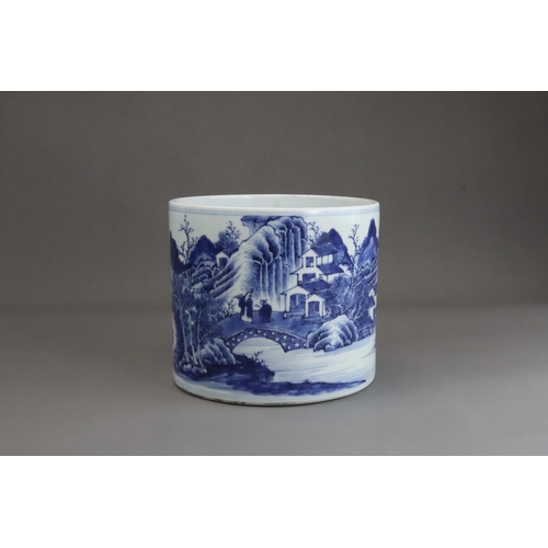 110 - A Blue and White Landscape Brushpot, Kangxi / Yongzheng The cylindrical sides well painted with an e... 