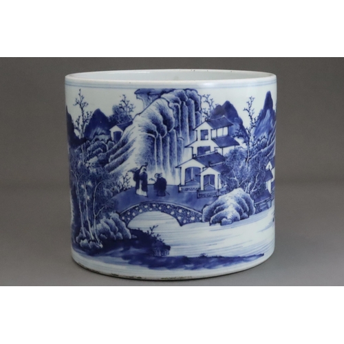 110 - A Blue and White Landscape Brushpot, Kangxi / Yongzheng The cylindrical sides well painted with an e... 