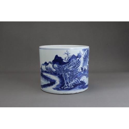 110 - A Blue and White Landscape Brushpot, Kangxi / Yongzheng The cylindrical sides well painted with an e... 