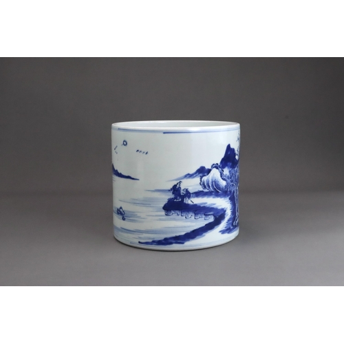 110 - A Blue and White Landscape Brushpot, Kangxi / Yongzheng The cylindrical sides well painted with an e... 