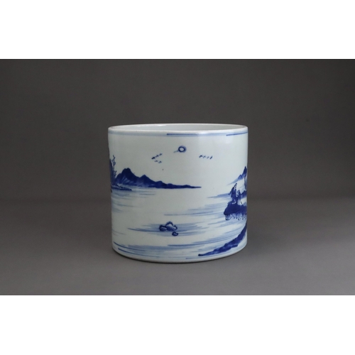 110 - A Blue and White Landscape Brushpot, Kangxi / Yongzheng The cylindrical sides well painted with an e... 