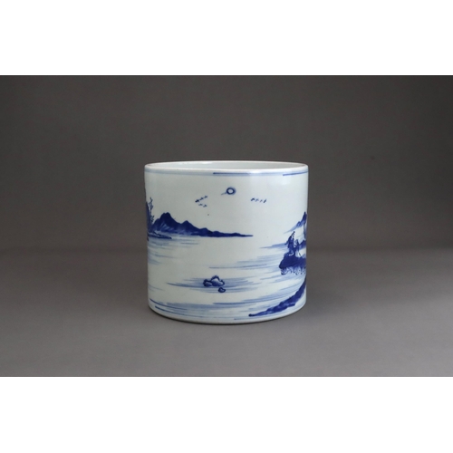 110 - A Blue and White Landscape Brushpot, Kangxi / Yongzheng The cylindrical sides well painted with an e... 