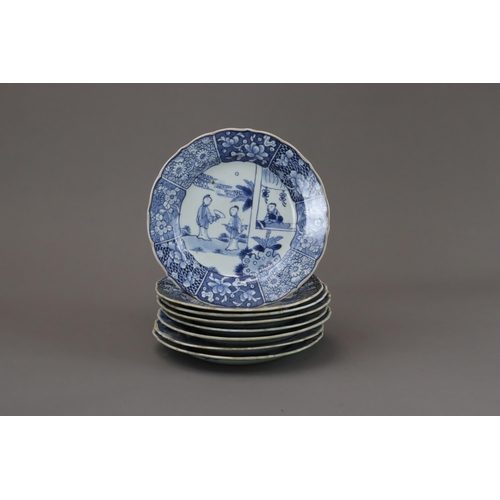 111 - A Set of  Eight Blue and White Dishes with Figures, first half 18th century  the central medallion w... 