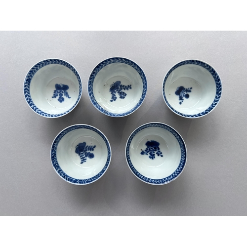 113 - Five blue and white cups and saucers, 18th/19th century, and another saucer Five blue and white cups... 