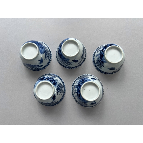 113 - Five blue and white cups and saucers, 18th/19th century, and another saucer Five blue and white cups... 