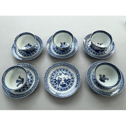 113 - Five blue and white cups and saucers, 18th/19th century, and another saucer Five blue and white cups... 