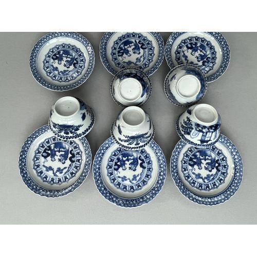 113 - Five blue and white cups and saucers, 18th/19th century, and another saucer Five blue and white cups... 