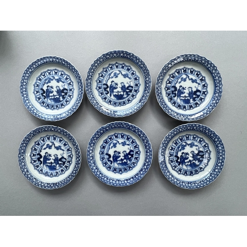 113 - Five blue and white cups and saucers, 18th/19th century, and another saucer Five blue and white cups... 