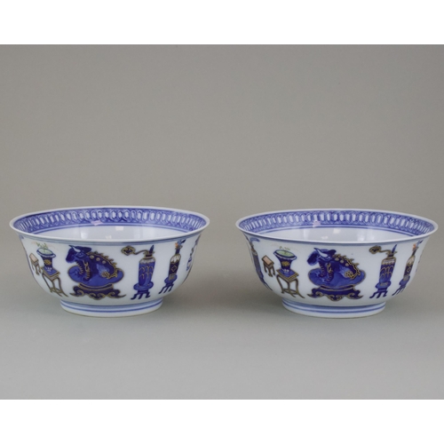 114 - A Pair of Blue and White 'Hundred Treasures' Bowls, six character Daoguang sealmark and of the perio... 