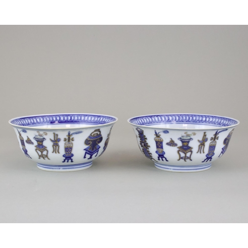 114 - A Pair of Blue and White 'Hundred Treasures' Bowls, six character Daoguang sealmark and of the perio... 