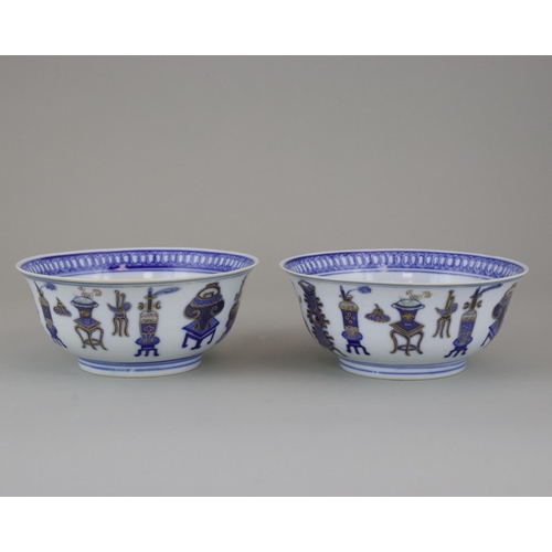 114 - A Pair of Blue and White 'Hundred Treasures' Bowls, six character Daoguang sealmark and of the perio... 