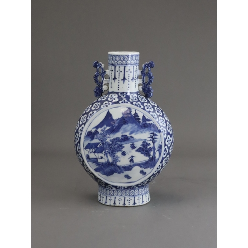 116 - A Blue and White Landscape Moonflask, Guangxu, well painted in strong blue on both sides with a cent... 