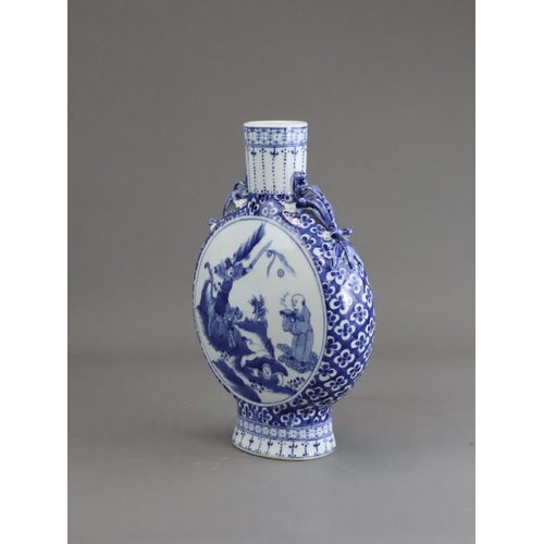 118 - A Blue and White Moonflask with a Mythical Scene, Guangxu, the neck with double moulded qilong handl... 