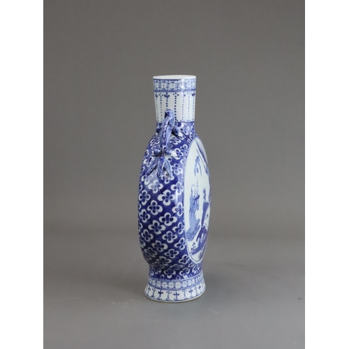 118 - A Blue and White Moonflask with a Mythical Scene, Guangxu, the neck with double moulded qilong handl... 