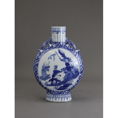 118 - A Blue and White Moonflask with a Mythical Scene, Guangxu, the neck with double moulded qilong handl... 