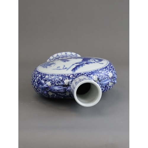 118 - A Blue and White Moonflask with a Mythical Scene, Guangxu, the neck with double moulded qilong handl... 