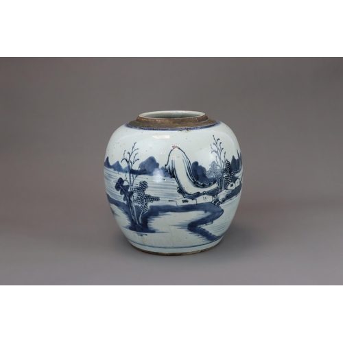 119 - A Blue and White Landscape Ginger Jar, mid Qing, the globular sides painted in inky tones with a boa... 