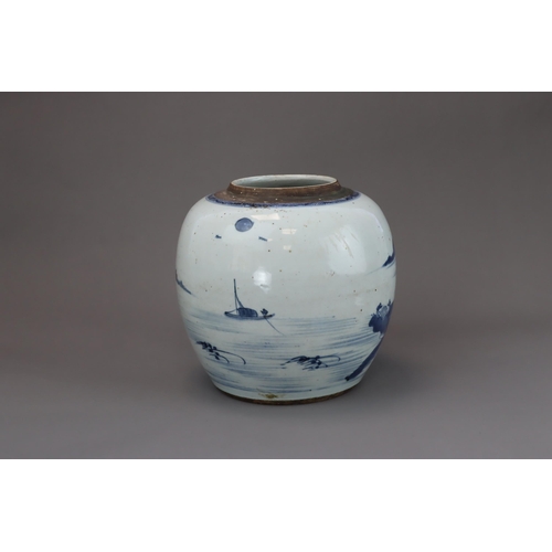 119 - A Blue and White Landscape Ginger Jar, mid Qing, the globular sides painted in inky tones with a boa... 