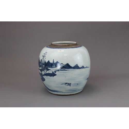 119 - A Blue and White Landscape Ginger Jar, mid Qing, the globular sides painted in inky tones with a boa... 