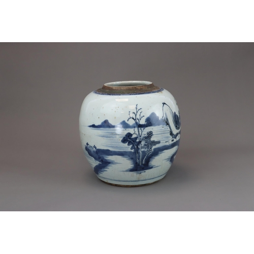 119 - A Blue and White Landscape Ginger Jar, mid Qing, the globular sides painted in inky tones with a boa... 