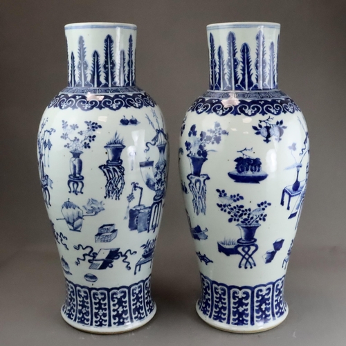 129 - A Large Pair of Blue and White 'Hundred Antiques' Vases, 19th century, Each tall baluster body decor... 