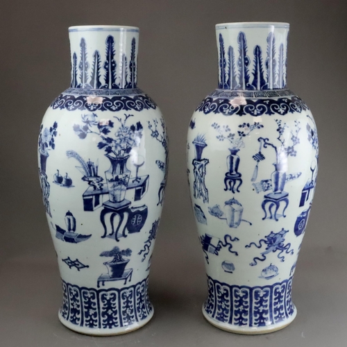 129 - A Large Pair of Blue and White 'Hundred Antiques' Vases, 19th century, Each tall baluster body decor... 