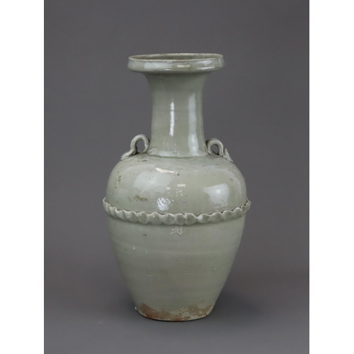 14 - A Longquan Celadon Vase, Northern Song dynasty of baluster form with a  raised ribbon band around th... 