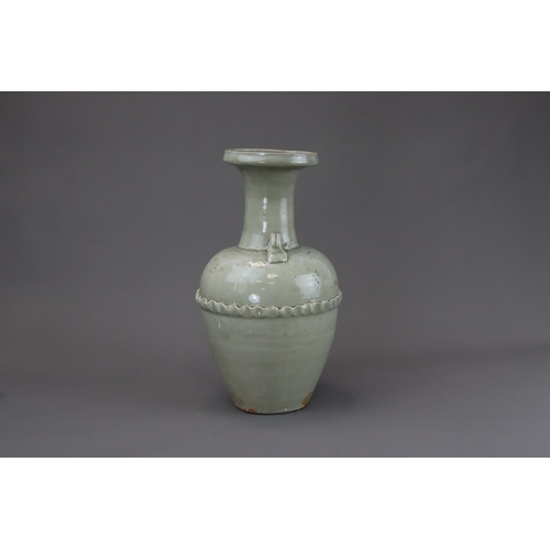 14 - A Longquan Celadon Vase, Northern Song dynasty of baluster form with a  raised ribbon band around th... 