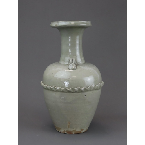 14 - A Longquan Celadon Vase, Northern Song dynasty of baluster form with a  raised ribbon band around th... 