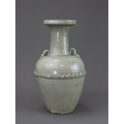 14 - A Longquan Celadon Vase, Northern Song dynasty of baluster form with a  raised ribbon band around th... 