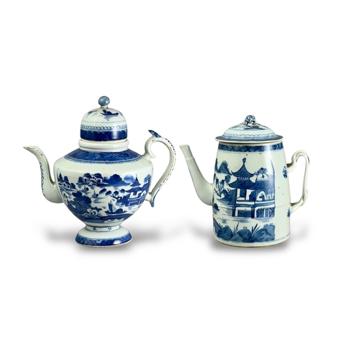 462 - Two 'blue  Canton' teapots and covers, early 19th century one of shouldered form and the other barre... 