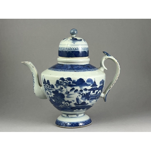 462 - Two 'blue  Canton' teapots and covers, early 19th century one of shouldered form and the other barre... 