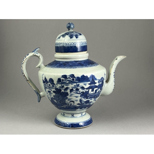 462 - Two 'blue  Canton' teapots and covers, early 19th century one of shouldered form and the other barre... 