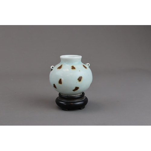 473 - A Qingbai Waterpot with Iron-splash with wood stand of rounded shape, a pair of lug handles set on t... 