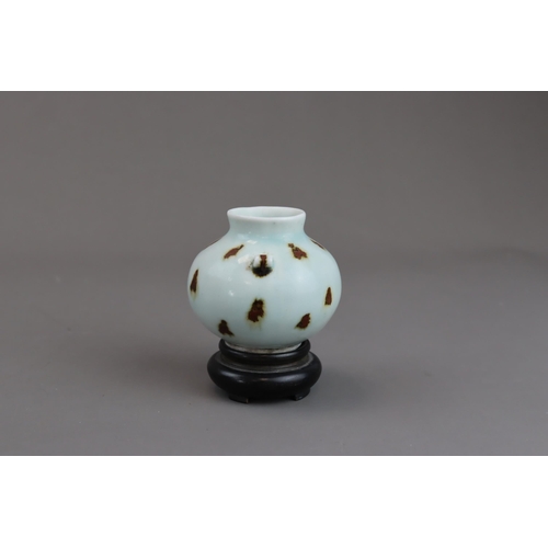 473 - A Qingbai Waterpot with Iron-splash with wood stand of rounded shape, a pair of lug handles set on t... 