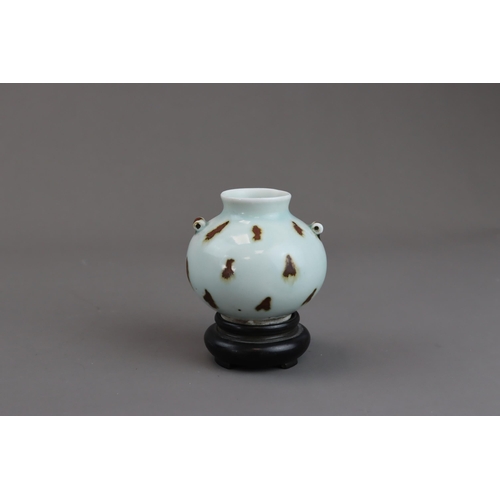 473 - A Qingbai Waterpot with Iron-splash with wood stand of rounded shape, a pair of lug handles set on t... 