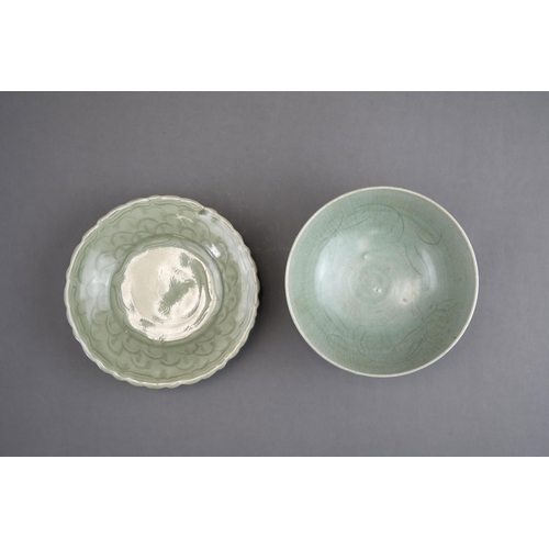 51 - A Carved Celadon Dish and Bowl, Song dynasty and later bowl of rounded shape, carved lotus petals on... 