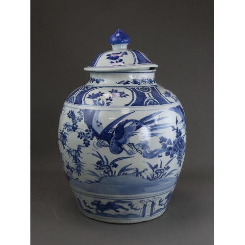 71 - A Blue and White Jar and Cover, Wanli, the shouldered ovoid body painted in good blue with a continu... 