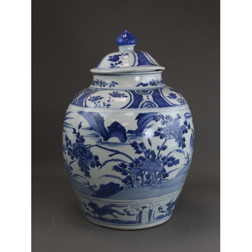 71 - A Blue and White Jar and Cover, Wanli, the shouldered ovoid body painted in good blue with a continu... 