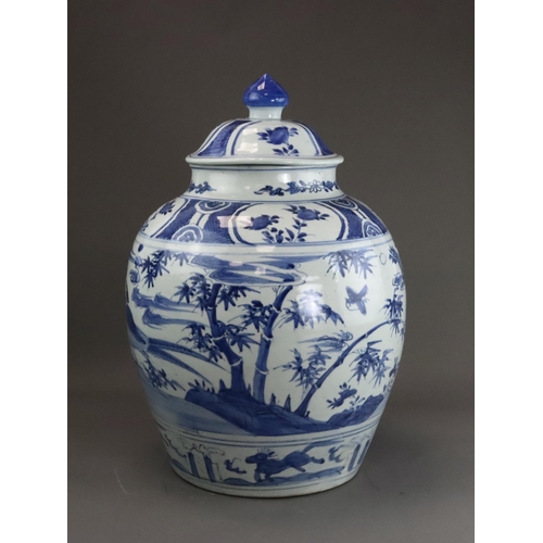 71 - A Blue and White Jar and Cover, Wanli, the shouldered ovoid body painted in good blue with a continu... 