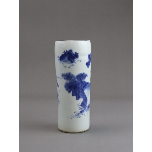 73 - A Blue and White 'Horse and Groom' Vase, Chongzhen, of almost cylindrical form, well painted in soft... 